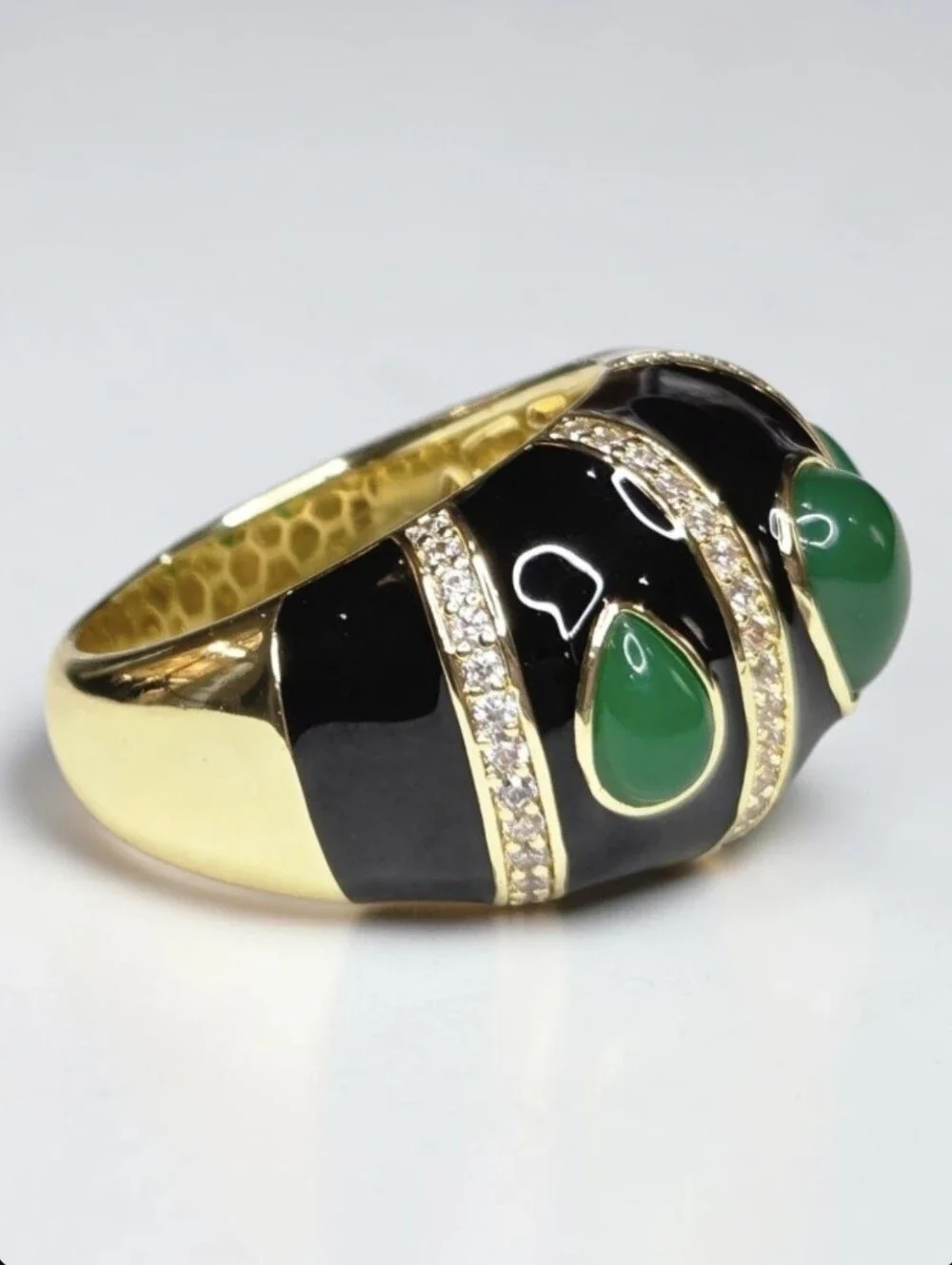 18k Gold Plated Luxury Onyx Enamel Green Onyx Cabochon Domed Statement Ring